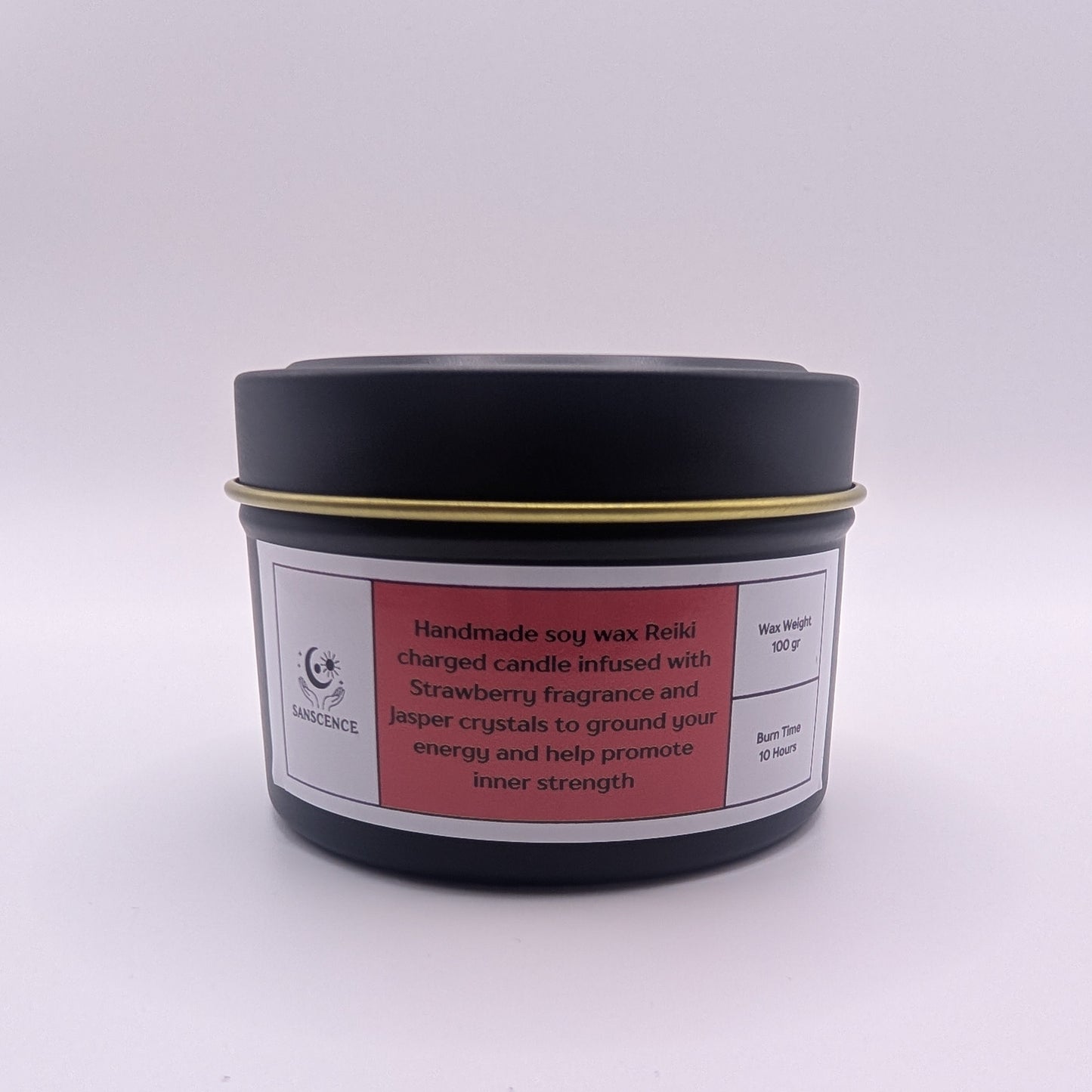 Black container with a label on a white background