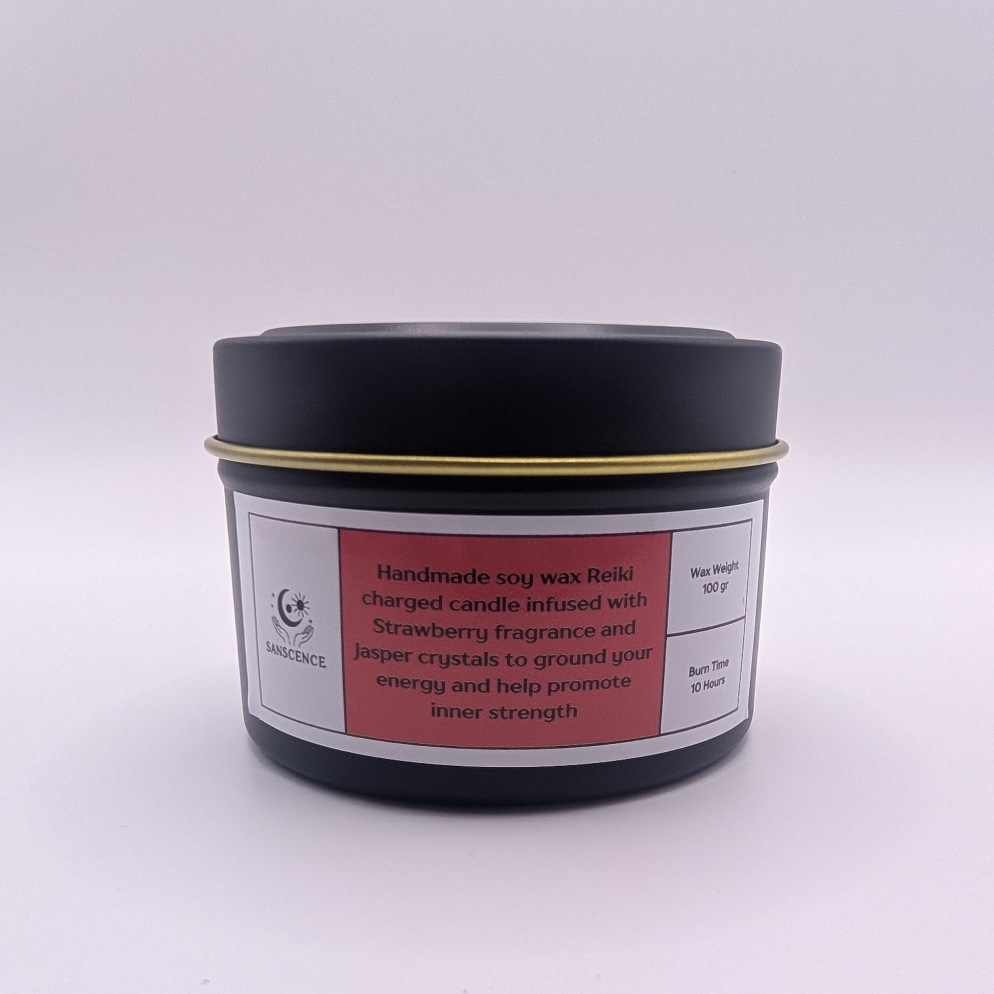 Black container with a label on a white background