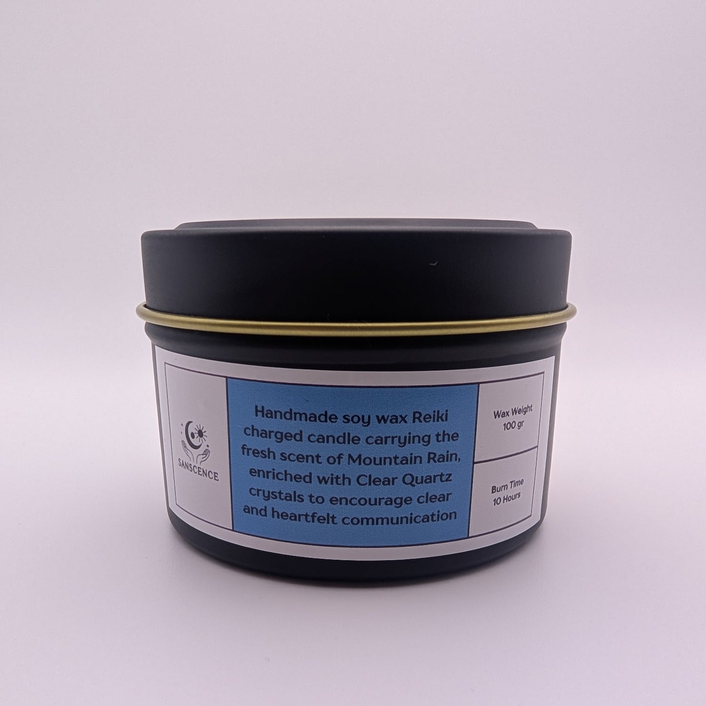 Throat Chakra Reiki Charged Tin Candle - Mountain Rain & Clear Quartz