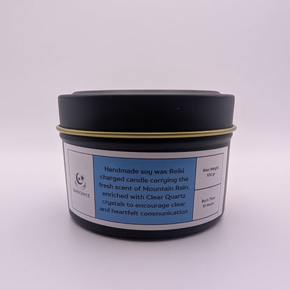 Throat Chakra Reiki Charged Tin Candle - Mountain Rain & Clear Quartz