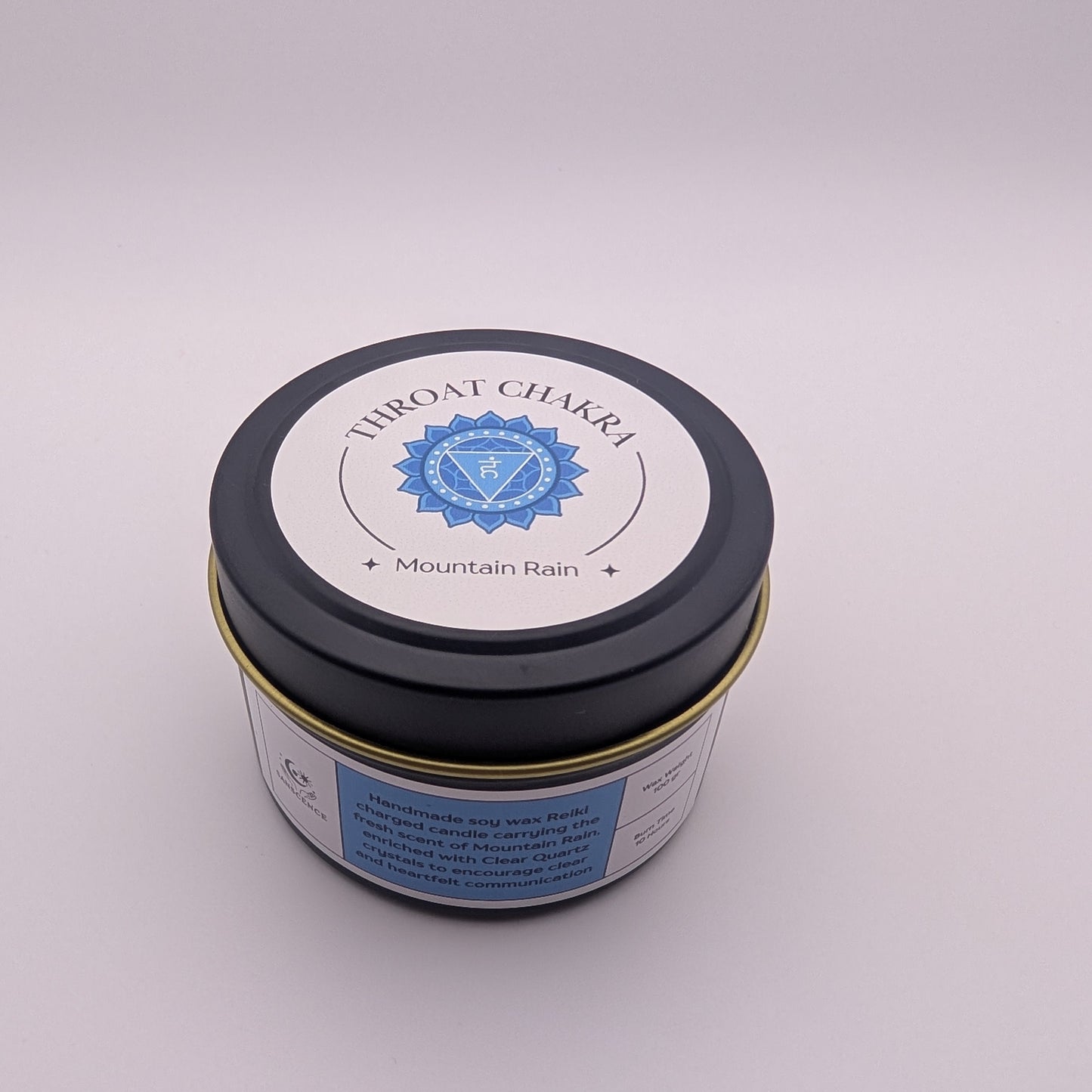 Throat Chakra Reiki Charged Tin Candle - Mountain Rain & Clear Quartz
