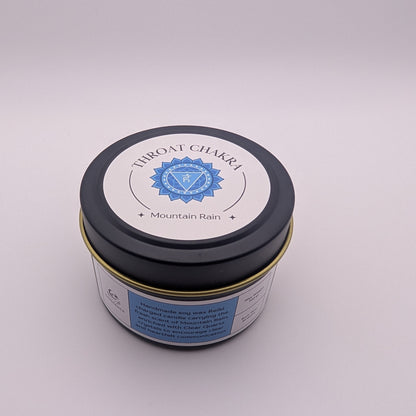 Throat Chakra Reiki Charged Tin Candle - Mountain Rain & Clear Quartz