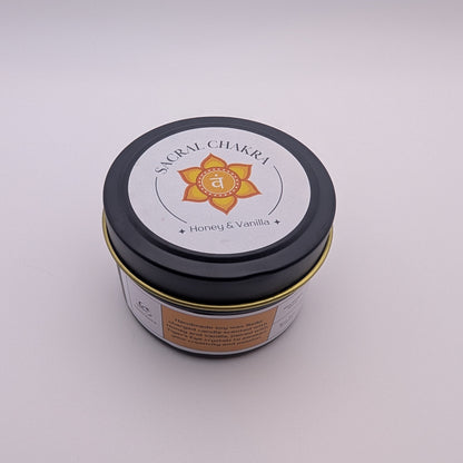 Sacral Chakra Reiki Charged Tin Candle - Honey, Vanilla & Tiger's Eye