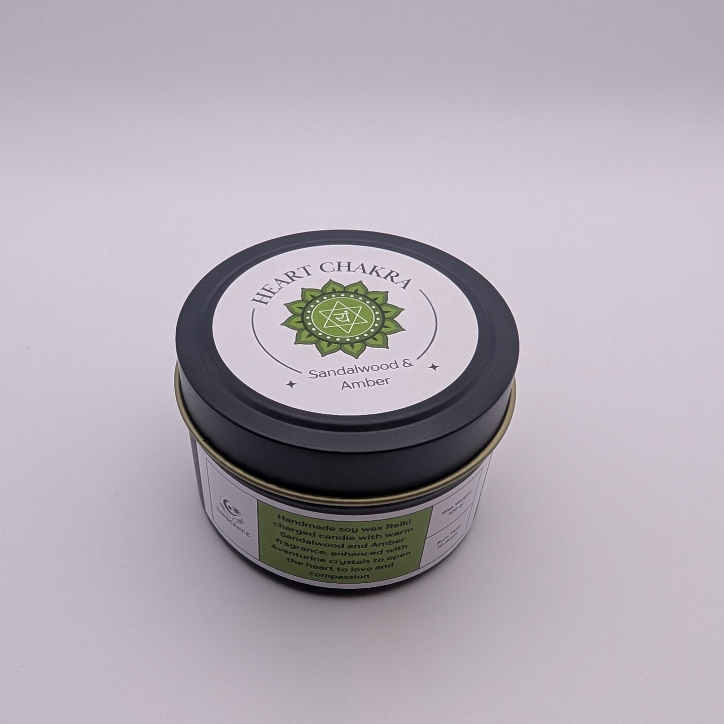 Heart Chakra Reiki Charged Tin Candle - Sandalwood, Amber & Aventurine