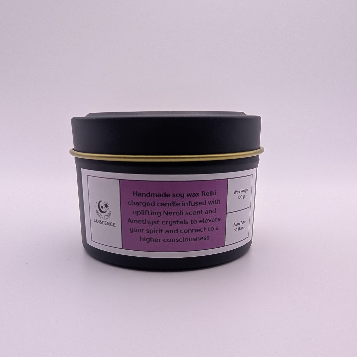 Black jar with a purple label on a white background