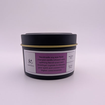 Black jar with a purple label on a white background