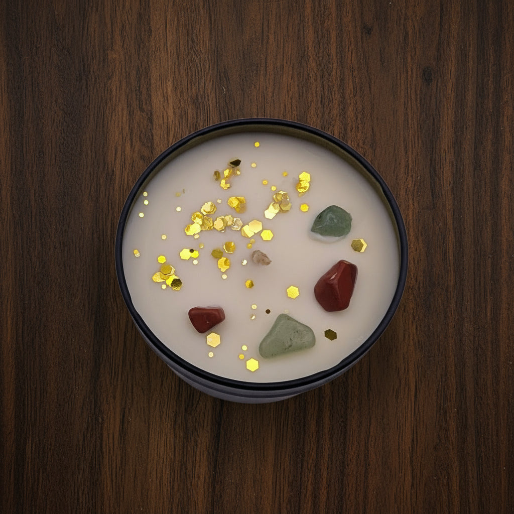 Candle in a black container with gold confetti and colorful stones on a light purple background