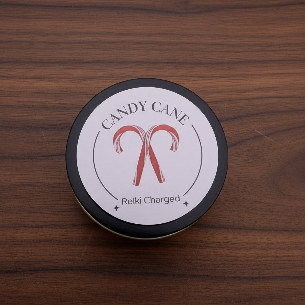 Candle tin labeled 'Candy Cane' with 'Reiki Charged' text on a light gray background