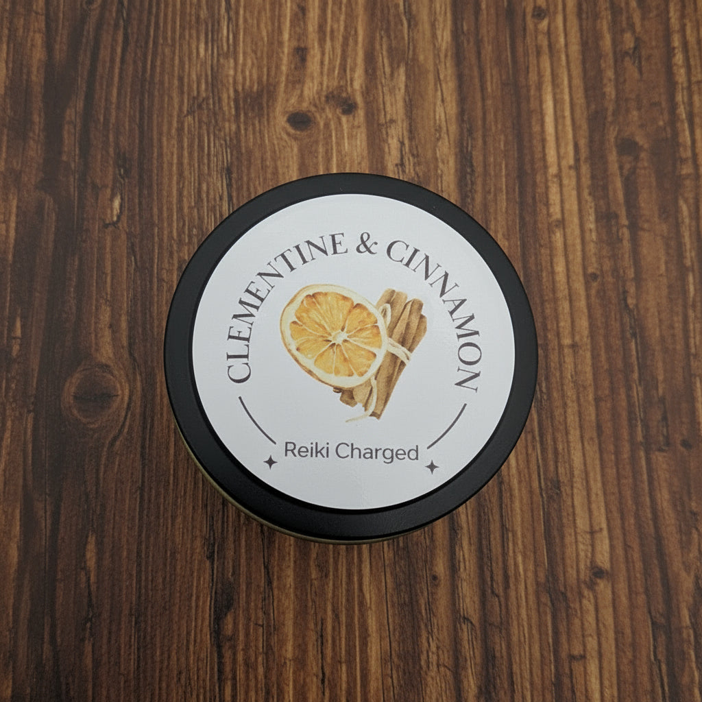 Candle tin labeled 'Clementine & Cinnamon' with a white background