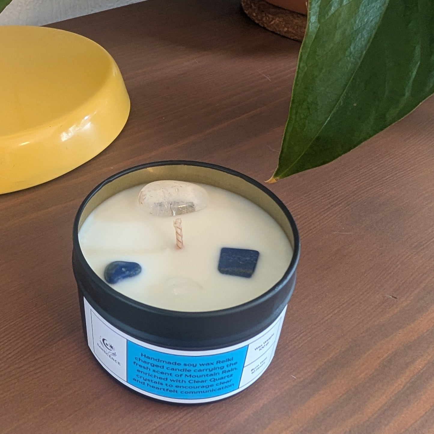 Candle in a container on a wooden surface with plants in the background