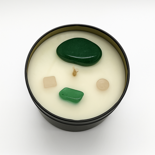Heart Chakra Reiki Charged Tin Candle - Sandalwood, Amber & Aventurine
