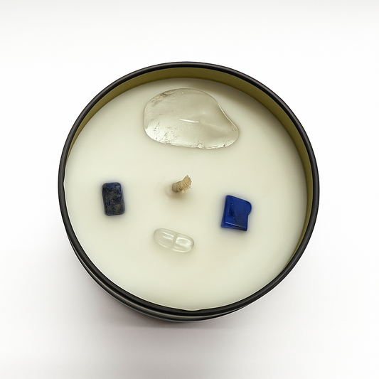 Throat Chakra Reiki Charged Tin Candle - Mountain Rain & Clear Quartz