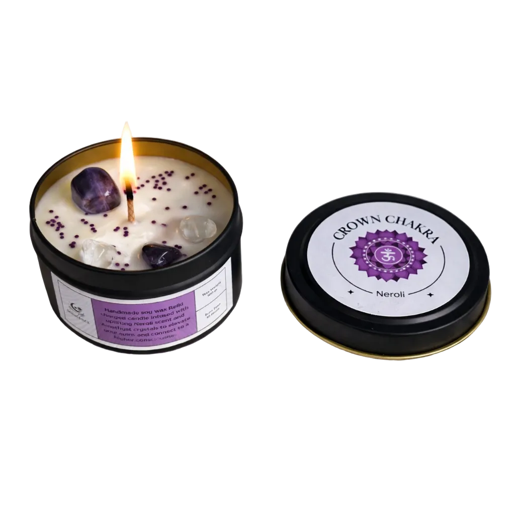 Candle in a black tin with a purple label on a white background