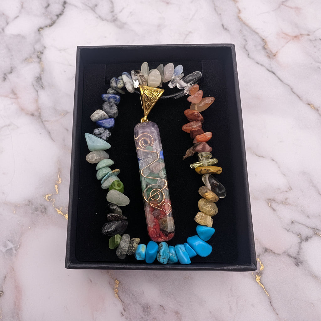 Colorful beaded necklace with a pendant in a black box 