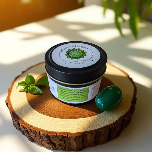 Heart Chakra Reiki Charged Tin Candle - Sandalwood, Amber & Aventurine
