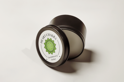 Heart Chakra Reiki Charged Tin Candle - Sandalwood, Amber & Aventurine