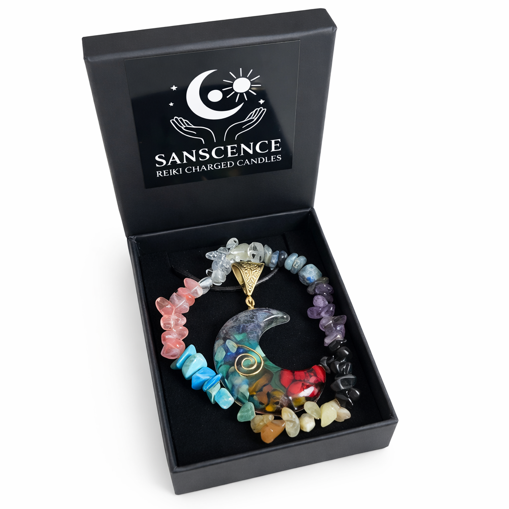 Colorful beaded necklace with a moon pendant in a black box labeled 'Sanscence'.