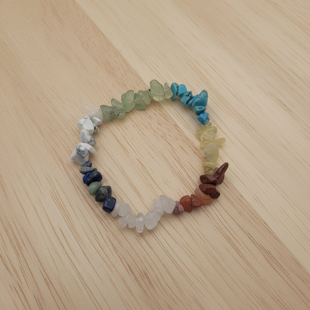 Multicolored stone chip bracelet on a white background