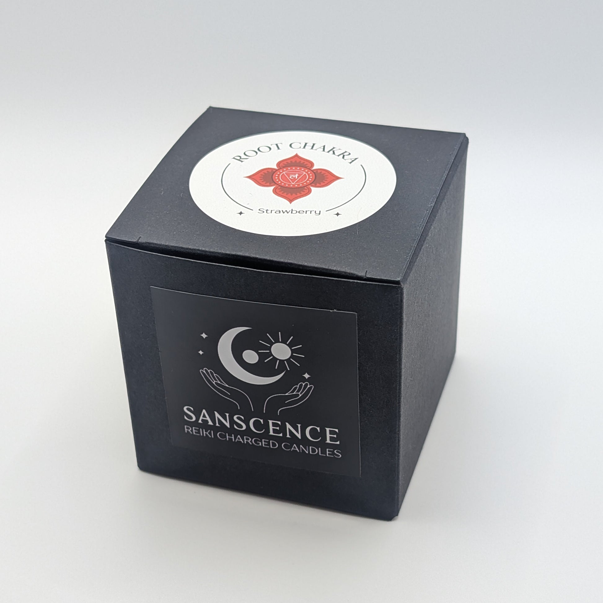 Black candle box with 'Sanscence' branding on a white background