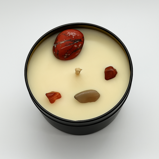Root Chakra Reiki Charged Tin Candle - Strawberry & Red Jasper