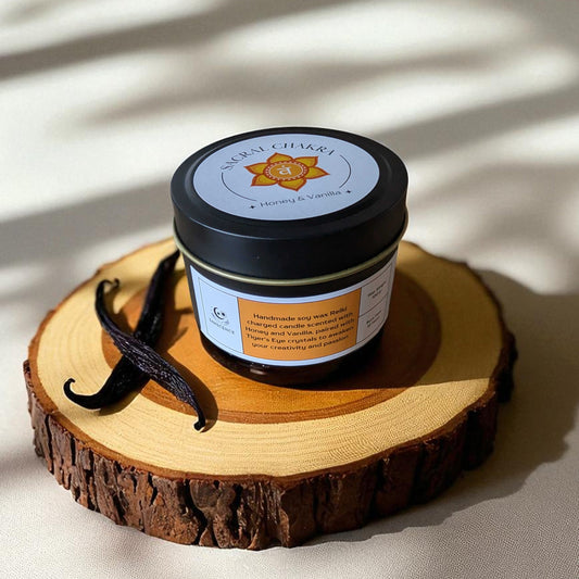Sacral Chakra Reiki Charged Tin Candle - Honey, Vanilla & Tiger's Eye