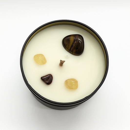 Sacral Chakra Reiki Charged Tin Candle - Honey, Vanilla & Tiger's Eye