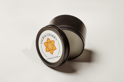 Sacral Chakra Reiki Charged Tin Candle - Honey, Vanilla & Tiger's Eye
