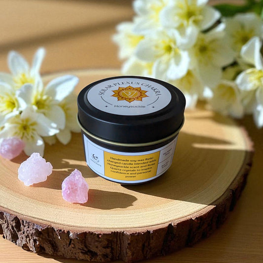 Solar Plexus Chakra Reiki Charged Tin Candle - Honeysuckle & Rose Quartz