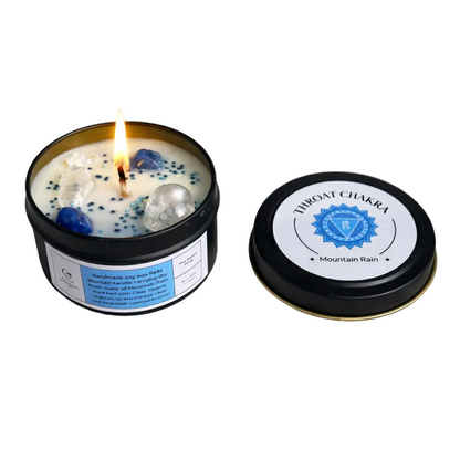 Candle in a tin with a label on a white background