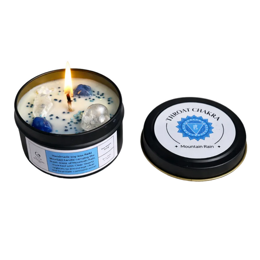 Candle in a tin with a label on a white background