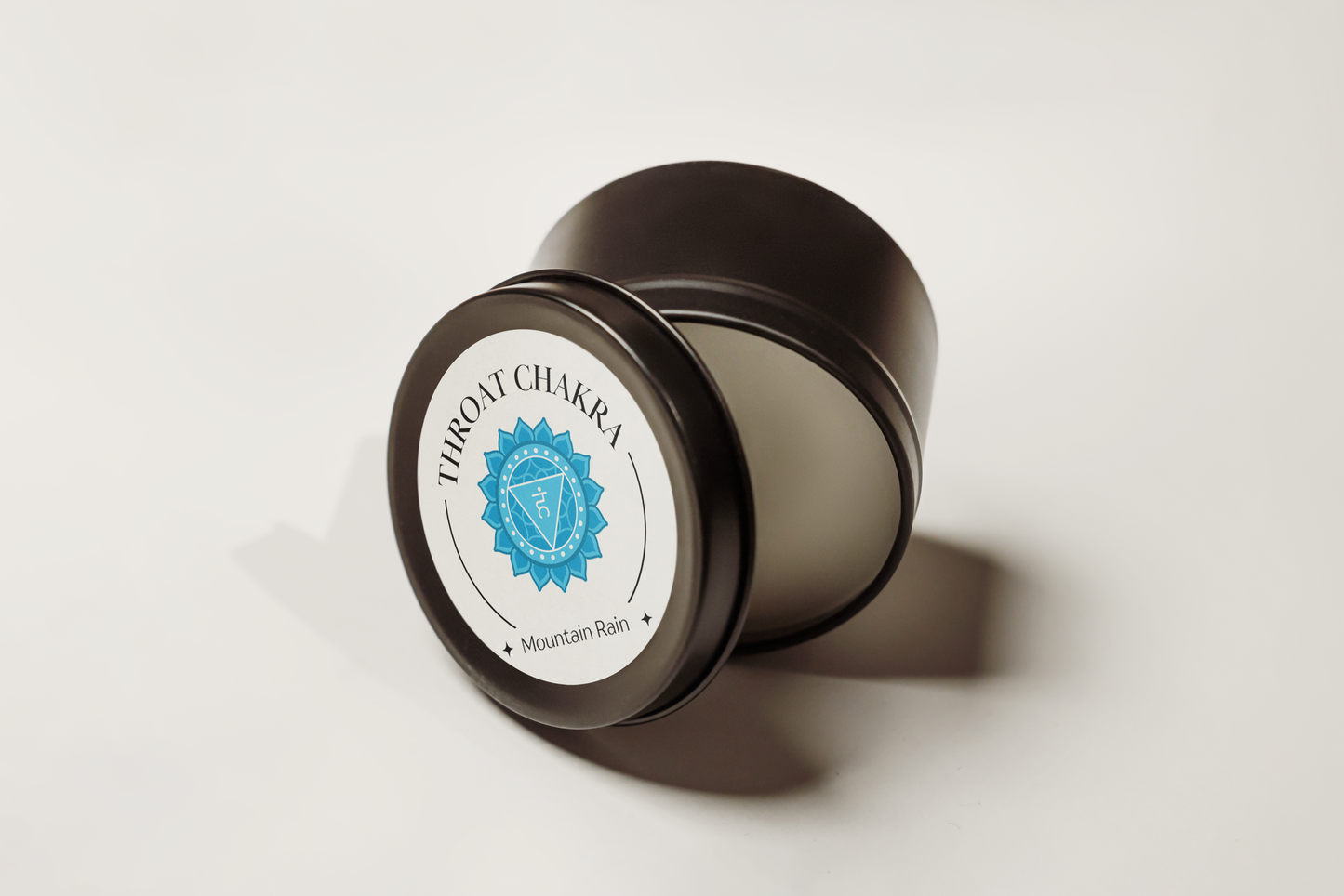 Throat Chakra Reiki Charged Tin Candle - Mountain Rain & Clear Quartz